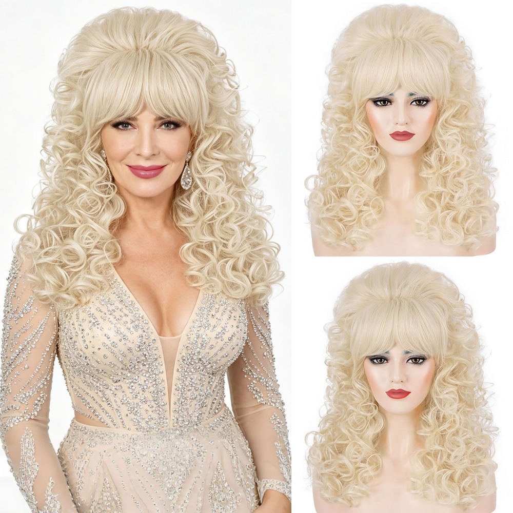 NWT Wallden Hair 80s Blonde Curly Costume Wig Voluminous Retro Bangs